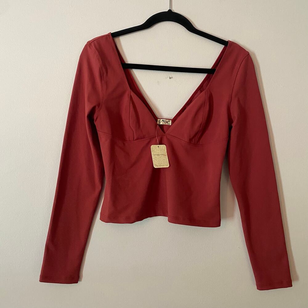 NWT Free People Intimately Red V-neck Cropped Stretchy Long Sleeve Top Medium